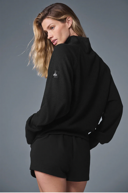 Waffle Weekend Escape Mock Neck Lange Mouw - Zwart/Wit